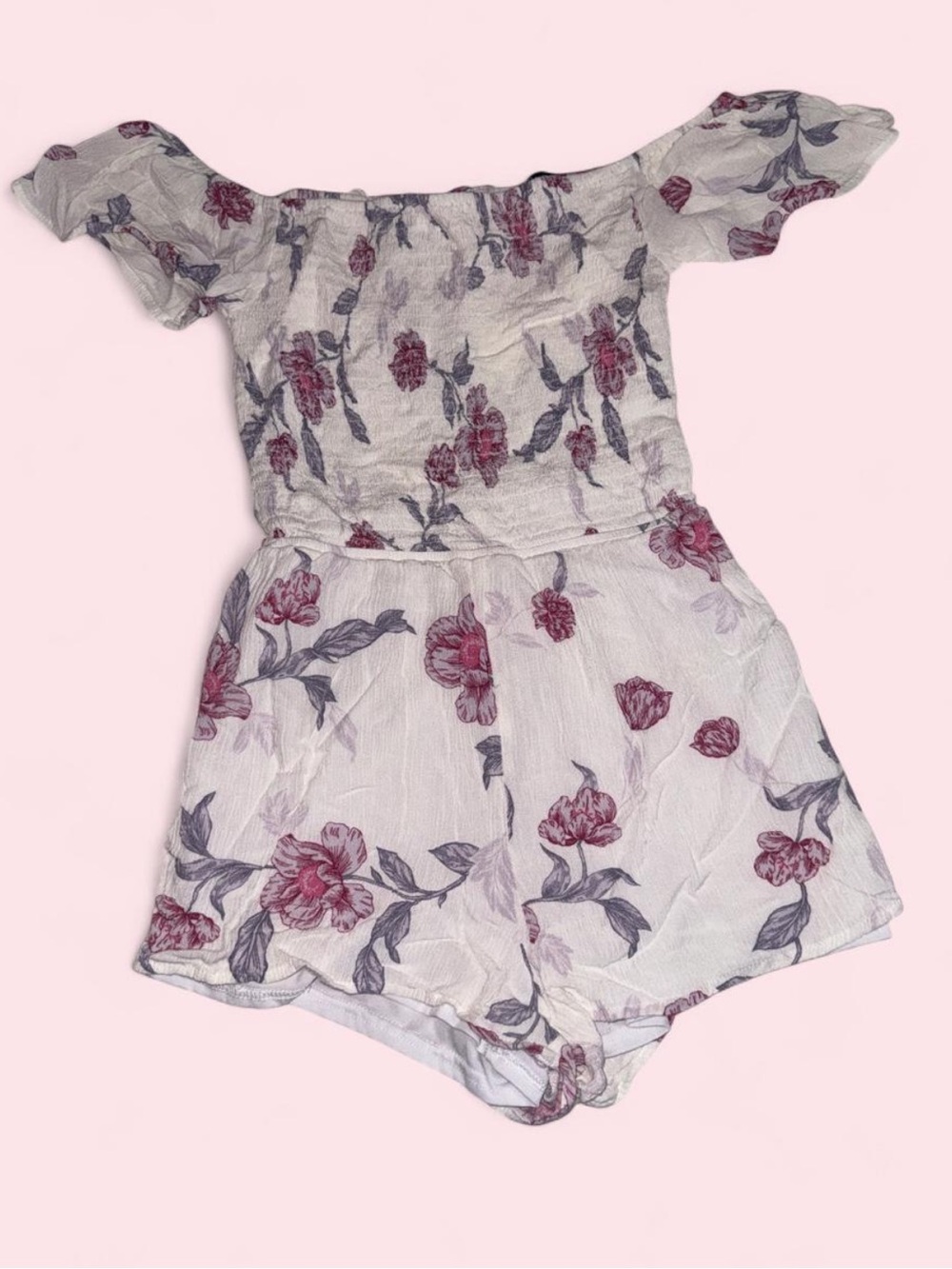 Kendall & Kylie Floral Off-Shoulder Romper in White and Dusty Rose